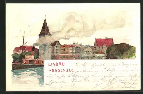 Lithographie Lindau / Bodensee, Teilansicht