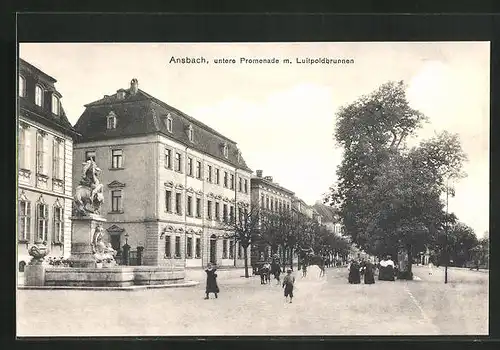 AK Ansbach, untere Promenade mit Luitpoldbrunnen