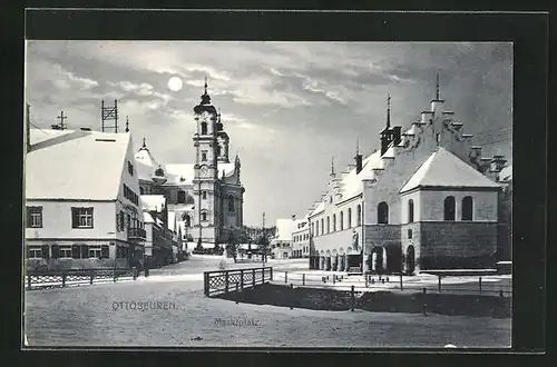 Mondschein-AK Ottobeuren, Marktplatz in einer Winternacht