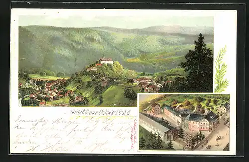 Lithographie Schwarzburg, Totalansicht mit umgebendem Wald