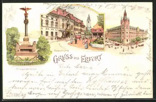 Lithographie Erfurt, Kriegerdenkmal, Hauptpost, Regierung