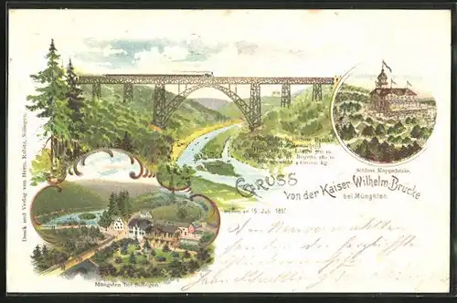 Lithographie Müngsten b. Solingen, Kaiser-Wilhelm-Brücke, Schloss Küppelstein