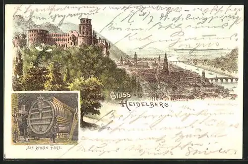 Lithographie Heidelberg, Teilansicht mit Burg, Das grosse Fass
