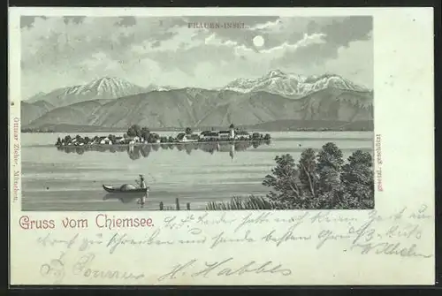 Mondschein-Lithographie Chiemsee, Frauen-Insel, Ruderboot, Alpenkette