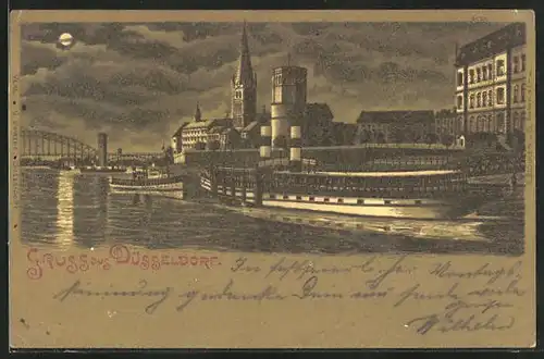 Mondschein-Lithographie Düsseldorf, Rhein mit Passagierdampfern