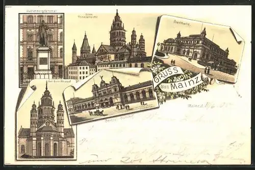 Lithographie Mainz, Guttenbergdenkmal, Stadthalle, Dom