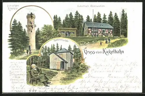 Lithographie Kickelhahn, Restauration Gabelbach, Aussichtsturm, Goethehäuschen