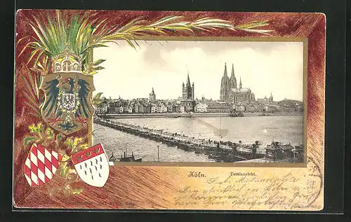 Passepartout-Lithographie Köln, Totalansicht, Pontonbrücke, Wappen