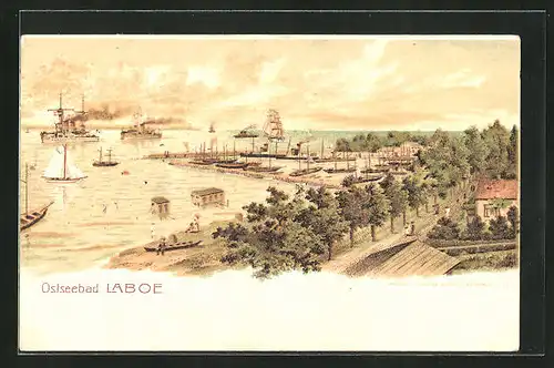 Lithographie Laboe, Ortspartie mit Hafen und Dampfern