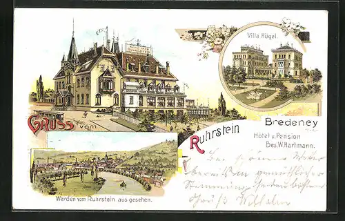 Lithographie Bredeney, Hotel Villa Hügel, Hotel Ruhrstein, Werden vom Ruhrstein aus