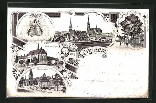 Lithographie Kevelaer, Kreuzbaum, Kapellenplatz, Klarissen-Kloster