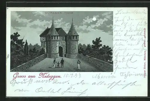 Mondschein-Lithographie Nideggen, Dürener Tor in einer Vollmondnacht