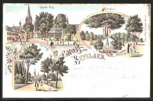 Lithographie Kevelaer, Kapellen-Platz, Kreuzbaum, Kreuzweg