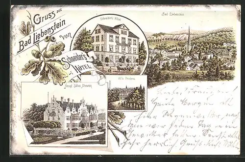 Lithographie Bad Liebenstein, Hotel Schneider, Herzogl. Schloss Altenstein, Villa Feodora, Gesamtansicht