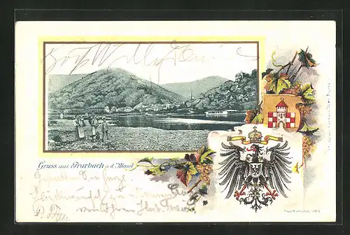 Passepartout-Lithographie Trarbach / Mosel, Gesamtansicht und Stadtwappen