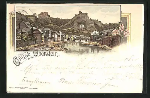 Lithographie Oberstein, Gesamtansicht mit Burgruine