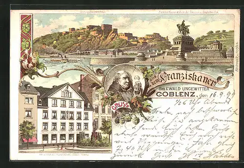 Lithographie Coblenz a. Rh., Restaurant zum Franziskaner, Bes. Ewald Ungewitter, Festung Ehrenbreitstein