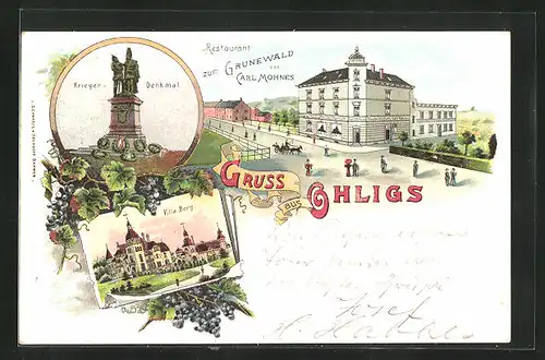 Lithographie Ohligs, Villa Berg, Restaurant zum Grunewald, Bes. Carl Mohnes, Kriegerdenkmal