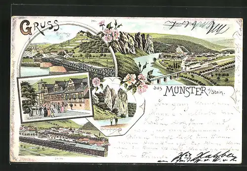 Lithographie Münster / Stein, Kurbrunnen, Saline, Ebernburg