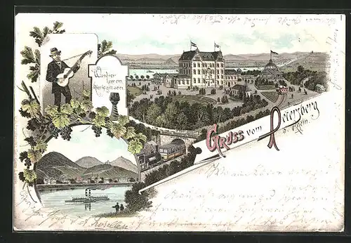 Lithographie Königswinter, Hotel Petersberg, Rheinpartie