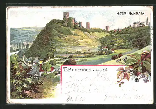 Lithographie Blankenberg a. Sieg, Gesamtansicht mit Hotel Konrath