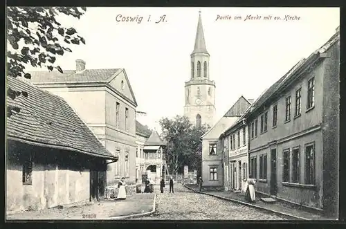 AK Coswig / Anhalt, Markt mit ev. Kirche