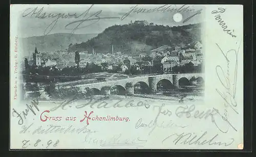 Mondschein-AK Hohenlimburg, Teilansicht mit Brücke