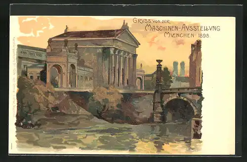 Lithographie München, Maschinen-Ausstellung 1898, Flusspartie mit Ausstellungsgelände