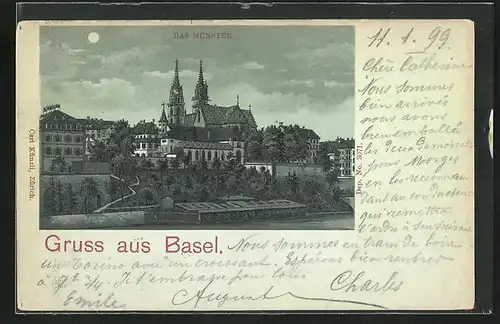 Mondschein-Lithographie Basel, Münster im Stadtbild