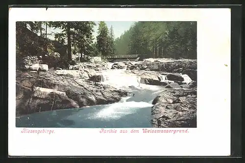 AK Weisswassergrund /Riesengebirge, Ortspartie mit Brücke