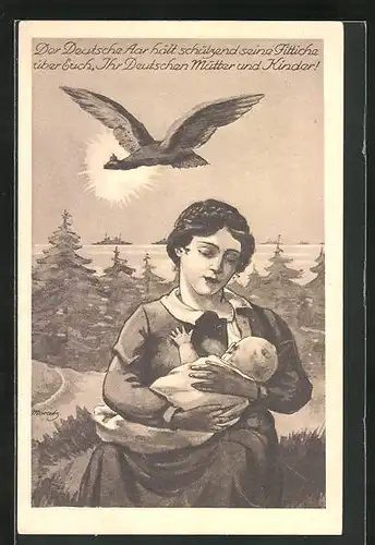 Künstler-AK Deutscher Adler wacht über Mutter mit Kind, Kinderfürsorge