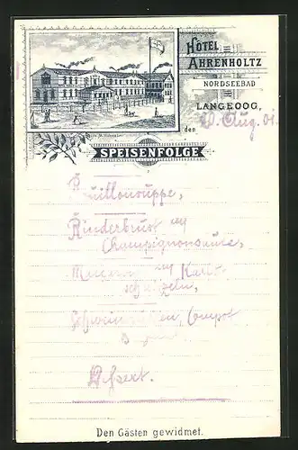 Lithographie Langeoog, Hôtel Ahrenholtz, Speisenfolge