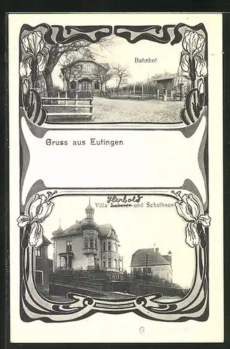 AK Eutingen, Hotel Villa Schuler und Schulhaus, Bahnhof
