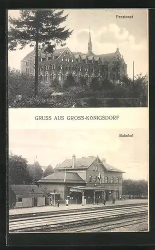 AK Gross-Königsdorf, Pensionat, Bahnhof