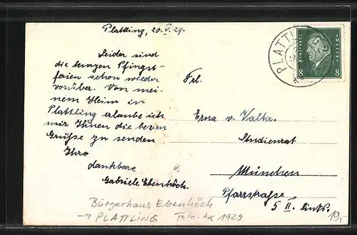 Foto-AK Plattling, Bürgerhaus Ebenhöch 1929