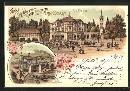 Lithographie Waltrop, Garten-Restaurant Grunewald, Schiffshebewerk