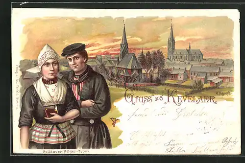 Lithographie Kevelaer, Stadt im Abendrot, Holläner Pilger-Typen