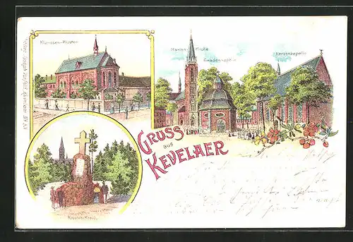 Lithographie Kevelaer, Klarissen-Kloster, Kroaten-Kreuz, Kerzenkapelle