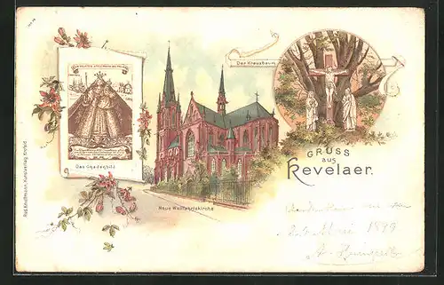 Lithographie Kevelaer, Neue Wallfahrtskirche, Gnadenbild, Kreuzbaum