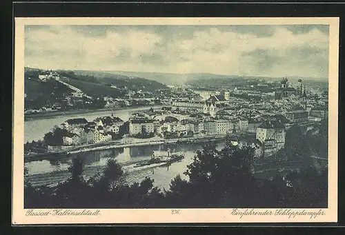 AK Passau, Einfahrender Schleppdampfer an der Halbinsel