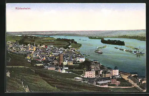 AK Rüdesheim, Ortsansicht mit Rhein und Dampfern