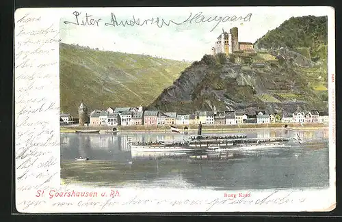 AK St. Goarshausen, Burg Katz, Rheindampfer