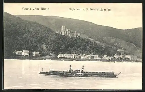 AK Capellen b. Koblenz, Ortspartie über den Rhein mit Schloss Stolzenfels, Rheindampfer
