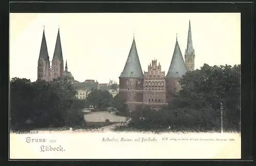 AK Lübeck, Holstentor mit Marien- und Petrikirche