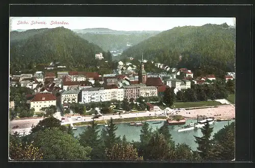 AK Bad Schandau /Sächs. Schweiz, Teilansicht mit Dampfer