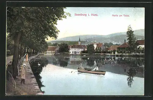AK Ilsenburg i. Harz, Partie am Teich mit Boot