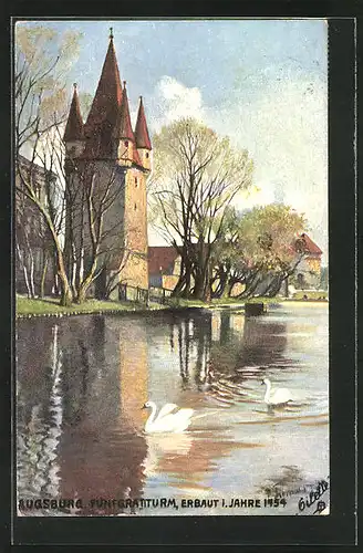 Künstler-AK Augsburg, Fünfgradturm mit Fluss