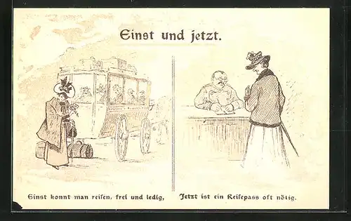 AK Dame auf Reisen einst und jetzt, Kriegsnot