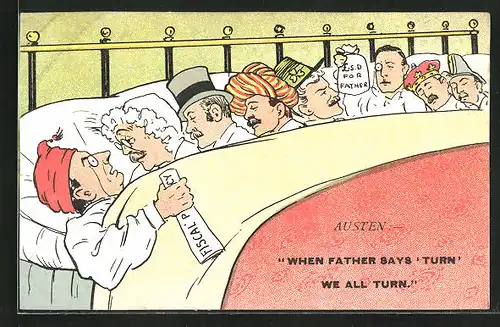 AK Chamberlain mit seinen Verbündeten im Bett, Karikatur