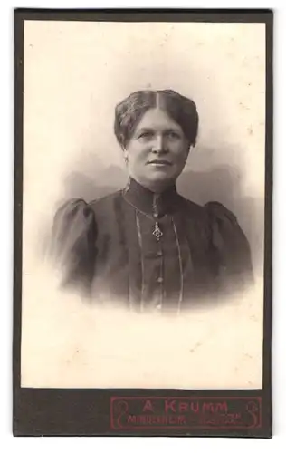 Fotografie A. Krumm, Mindelheim, Portrait bürgerliche Dame mit zeitgenössischer Frisur
